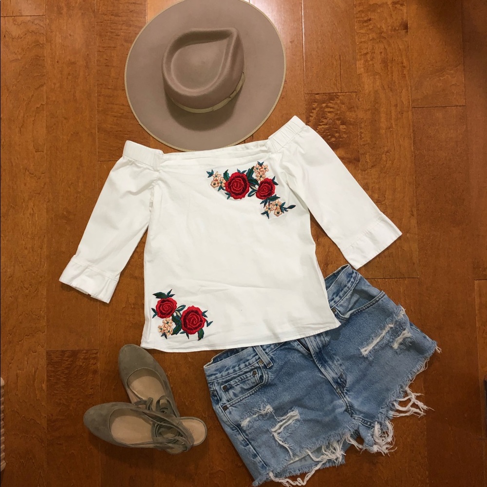 White off the shoulder floral top with roses